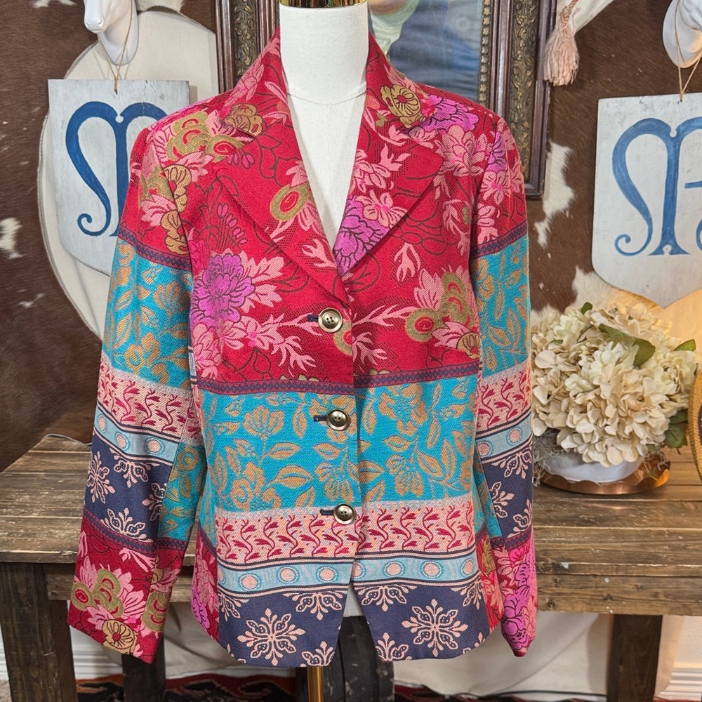 Coldwater Creek Red and Blue Floral Blazer - Picture 1 of 6